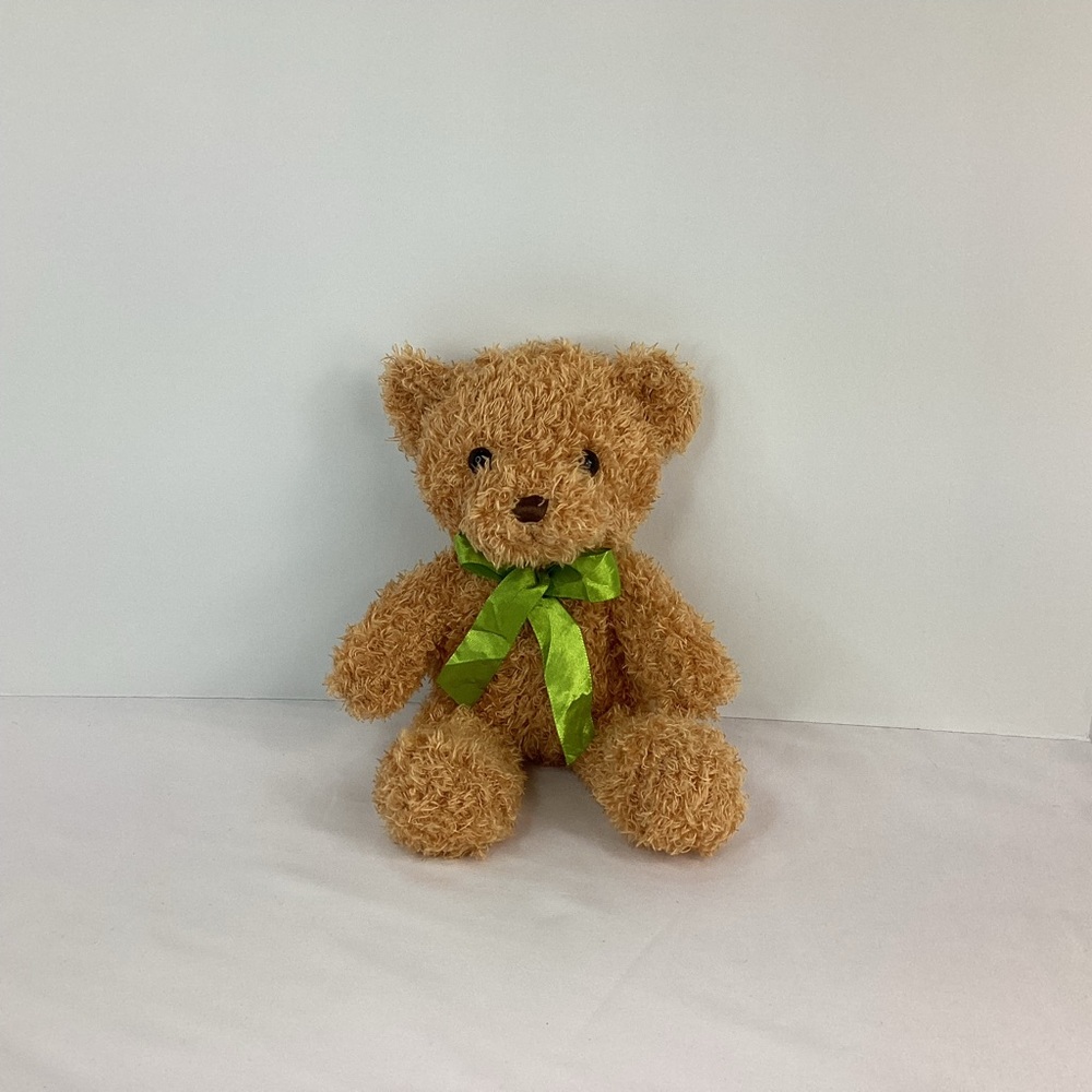 Teddy Bear Plush Tan Curly Textured Fur Green Ribbon 10” Stuffed Animal Toy - Picture 4 of 7